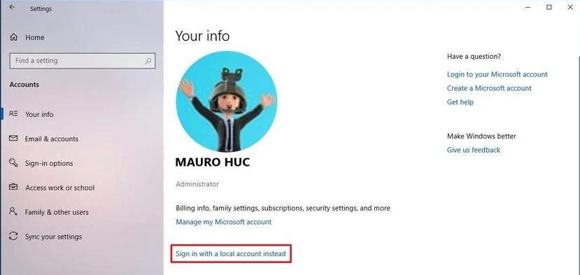 switch to local account windows 10