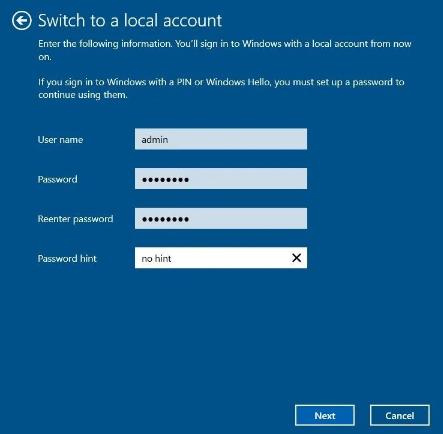 how to switch to a local account windows 10