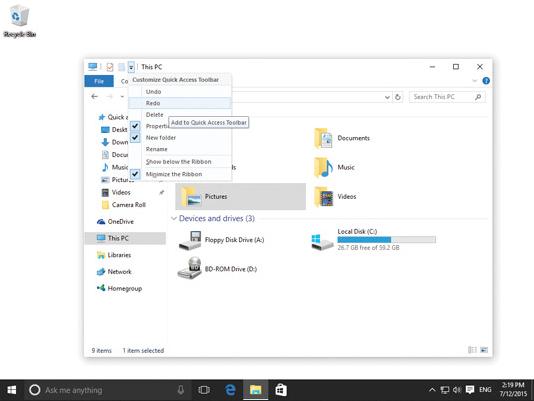 Quick access in File Explorer