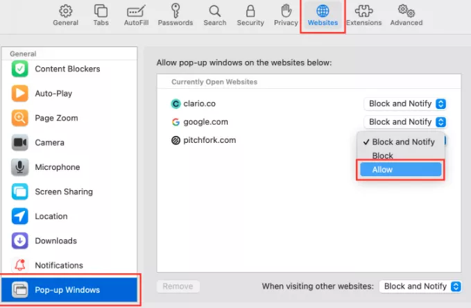 Allow and Block Pop-Ups in Safari