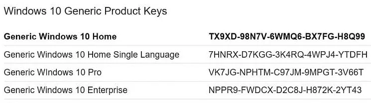 windows 10 generic key