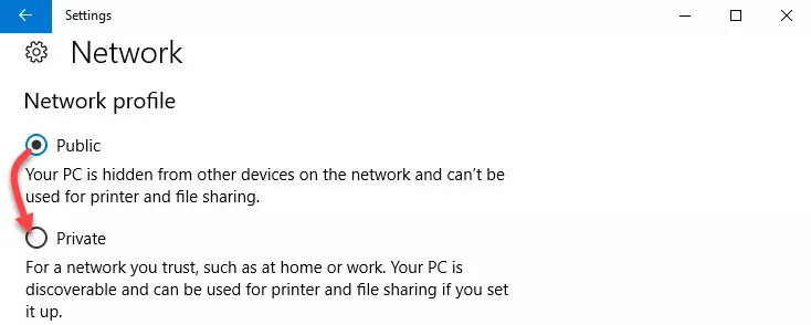 Change Public to Private Network Profile in Windows 10