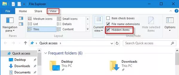 open hidden files on Windows 10