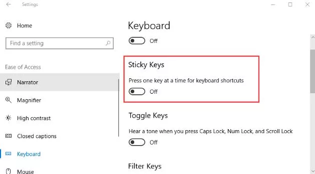Turn Off Sticky Keys in Windows 10