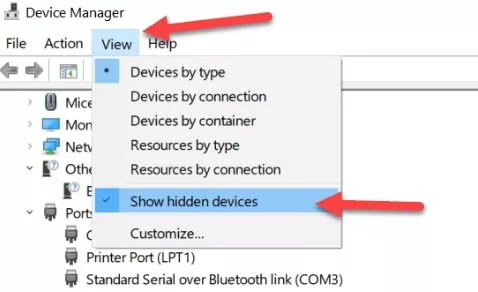 bluetooth is hidden in device manager