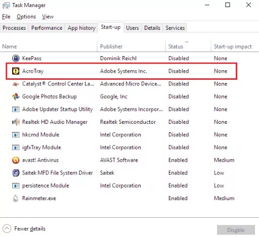 Adobe AcroTray.exe from Starting at Startup