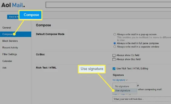 Set Up an Email Signature in AOL mail